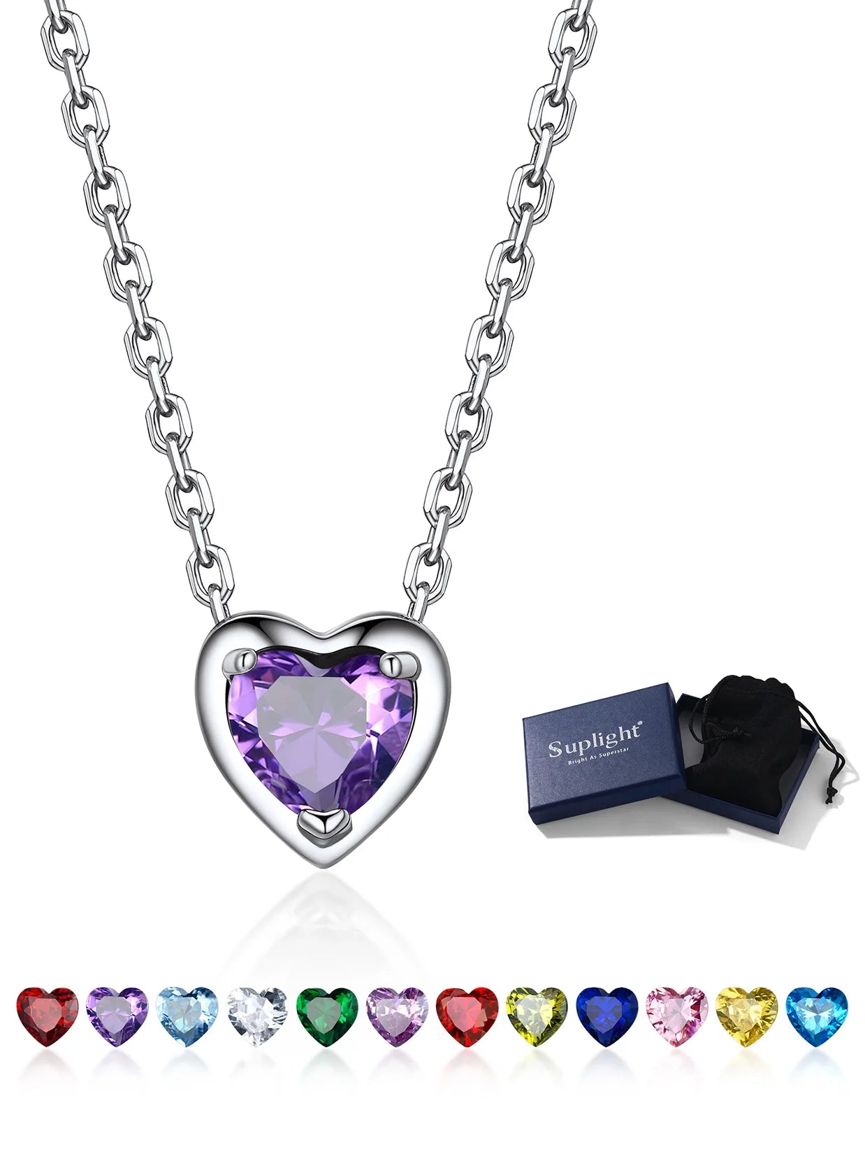 Women 925 Sterling Silver Birthstone Love Heart Necklace, Birthday Valentines Gift