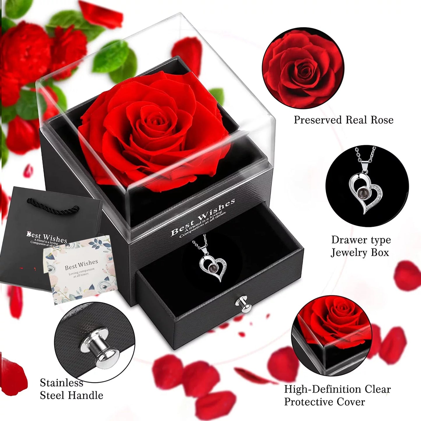 Preserved Red Real Rose with Heart I Love You Necklace,Eternal Flowers Rose Birthday Gifts for Women Her Mom Wife Girlfriend Grandma on Valentines Mothers Day Christmas Anniversary Romant