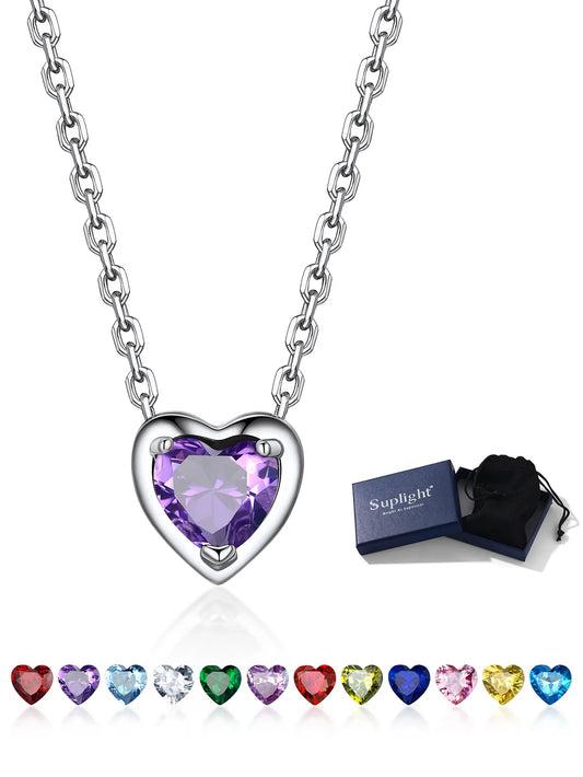 Women 925 Sterling Silver Birthstone Love Heart Necklace, Birthday Valentines Gift