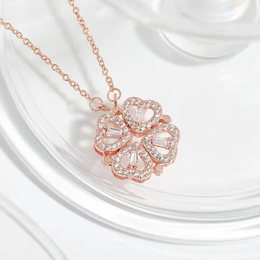 LovaCharm™ 4-in-1 Magnetic Heart & Clover Necklace – Love, Luck, and a Touch of Magic